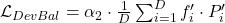 \mathcal{L}_{DevBal} = \alpha_2 \cdot \frac{1}{D} \sum_{i=1}^{D} f'_i \cdot P'_i