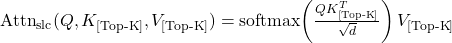 \text{Attn}_{\text{slc}}(Q, K_{[\text{Top-K}]}, V_{[\text{Top-K}]}) = \text{softmax}\!\left(\frac{Q K^T_{[\text{Top-K}]}}{\sqrt{d}}\right) V_{[\text{Top-K}]}