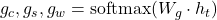 g_c, g_s, g_w = \text{softmax}\!\left(W_g \cdot h_t\right)