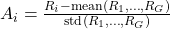 A_i = \frac{R_i - \text{mean}(R_1, \ldots, R_G)}{\text{std}(R_1, \ldots, R_G)}