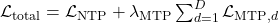 \mathcal{L}_{\text{total}} = \mathcal{L}_{\text{NTP}} + \lambda_{\text{MTP}} \sum_{d=1}^{D} \mathcal{L}_{\text{MTP},d}