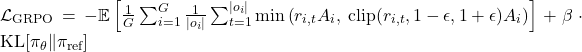 \mathcal{L}_{\text{GRPO}} = -\mathbb{E}\left[\frac{1}{G} \sum_{i=1}^G \frac{1}{|o_i|} \sum_{t=1}^{|o_i|} \min\left(r_{i,t} A_i,\; \text{clip}(r_{i,t}, 1-\epsilon, 1+\epsilon) A_i\right)\right] + \beta \cdot \text{KL}[\pi_\theta \| \pi_{\text{ref}}]
