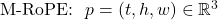 \text{M-RoPE: 位置向量 } p = (t, h, w) \in \mathbb{R}^3