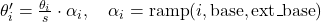 \theta'_i = \frac{\theta_i}{s} \cdot \alpha_i, \quad \alpha_i = \text{ramp}(i, \text{base}, \text{ext\_base})