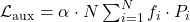 \mathcal{L}_{\text{aux}} = \alpha \cdot N \sum_{i=1}^{N} f_i \cdot P_i