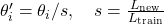 \theta_i' = \theta_i / s, \quad s = \frac{L_{\text{new}}}{L_{\text{train}}}