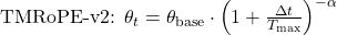 \text{TMRoPE-v2: } \theta_t = \theta_{\text{base}} \cdot \left(1 + \frac{\Delta t}{T_{\text{max}}}\right)^{-\alpha}