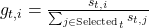g_{t,i} = \frac{s_{t,i}}{\sum_{j \in \text{Selected}_t} s_{t,j}}