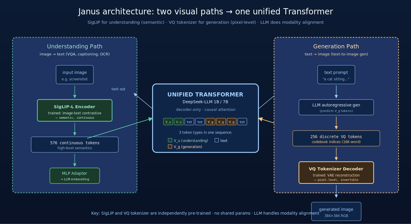 Janus 双路径架构：理解走 SigLIP 语义路径（576 连续 token），生成走 VQ tokenizer 离散路径（256 codebook indices），两条路径汇入同一个统一 Transformer